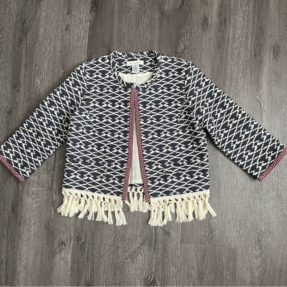 Hiche 3/4 -Sleeves Fringe -Trim Jacket Navy Combo (M)